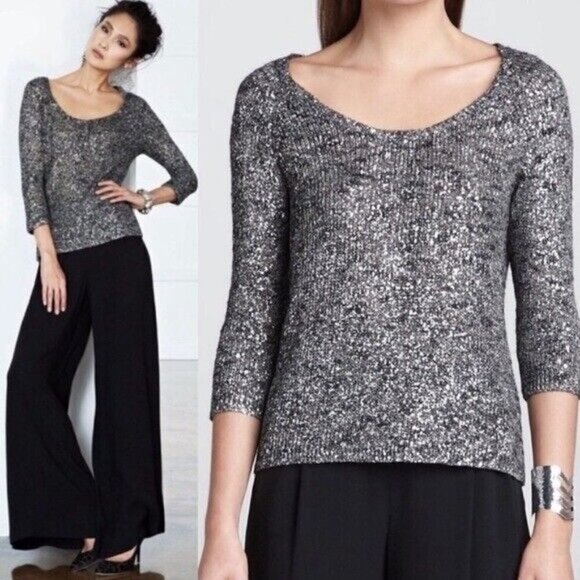 EILEEN FISHER Sweater Shimmer Karma Ash Grey Linen Blend - Picture 1 of 11